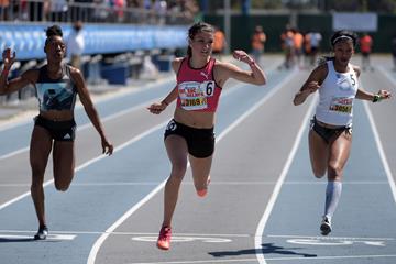 Jenna Prandini wins the 100m at Mt. SAC (Kirby Lee)