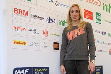 Cindy Roleder at the press conference ahead of the 2016 Indoor Meeting Karlsruhe (Jean-Pierre Durand)
