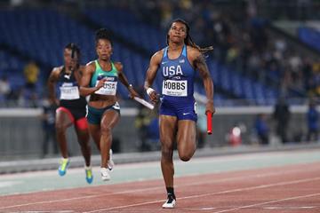 USA's Aleia Hobbs in the women's 4x100m at the IAAF World Relays Yokohama 2019 (Roger Sedres)