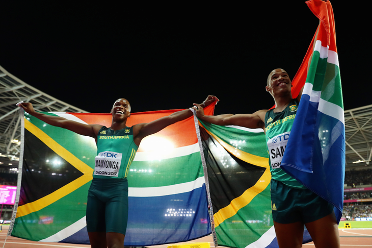 South African long jumpers celebrate gold and bronze (Getty Images)