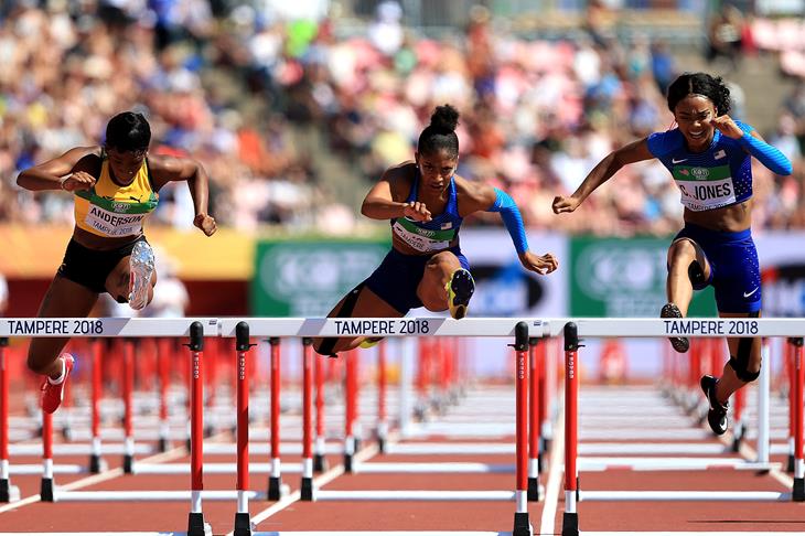 Tia Jones on her way to winning the 100m hurdles at the IAAF World U20 Championships Tampere 2018 (Getty Images)