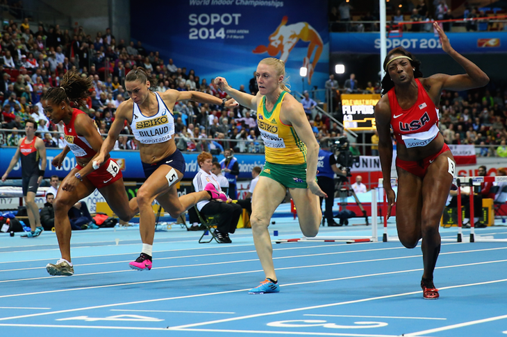 (f.r.t.l.) Nia Ali, Sally Pearson, Cindy Billaud and Janay DeLoach in the 60m hurdles final at Sopot 2014 ()