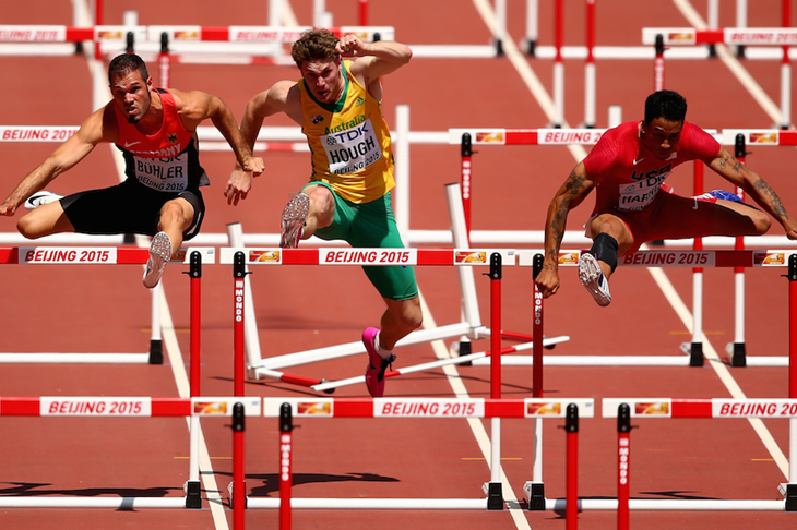 Nick Hough during the 110m hurdles heats at the Beijing World Championships ()