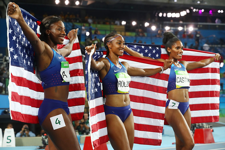 The USA celebrate a clean sweep in the women's hurdles (Getty Images)
